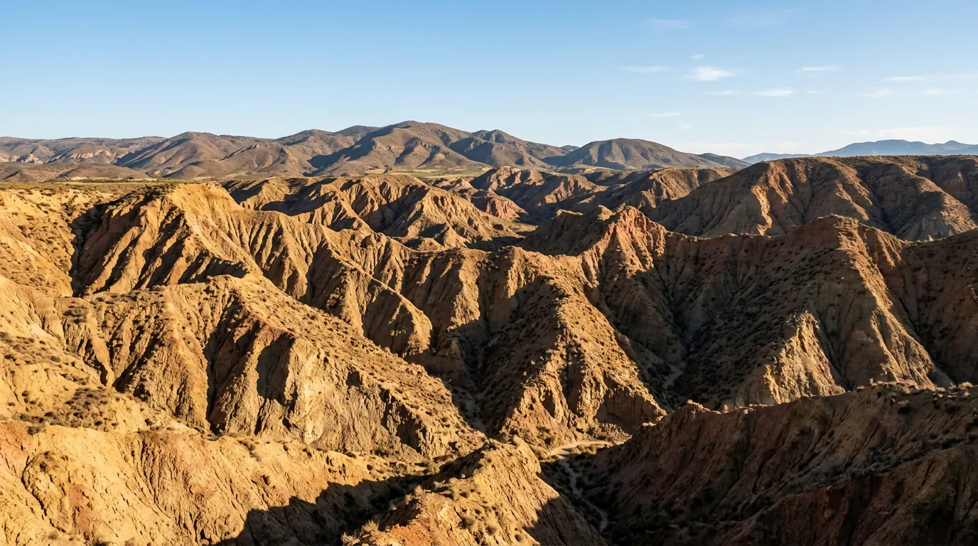 Badlands de Gorafe con crestas arcillosas y barrancos iluminados por la luz baja de la mañana.