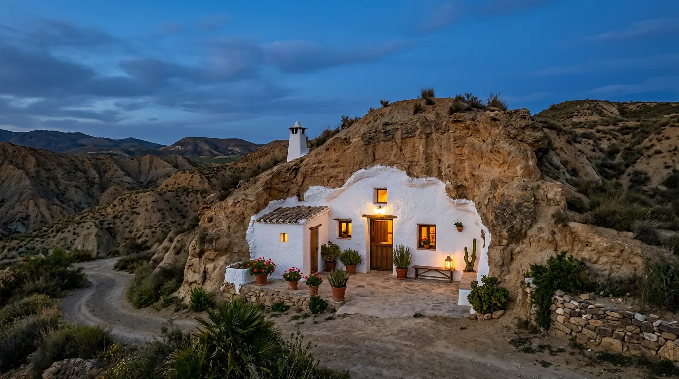 Casa cueva tradicional iluminada al anochecer en el entorno rural de Castilléjar.