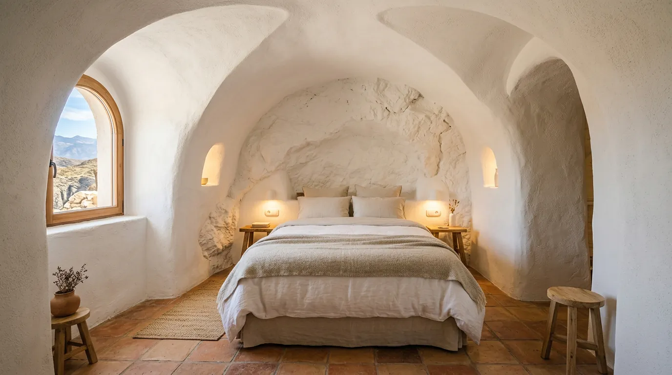 Dormitorio abovedado en una casa cueva bioclimática en Granada