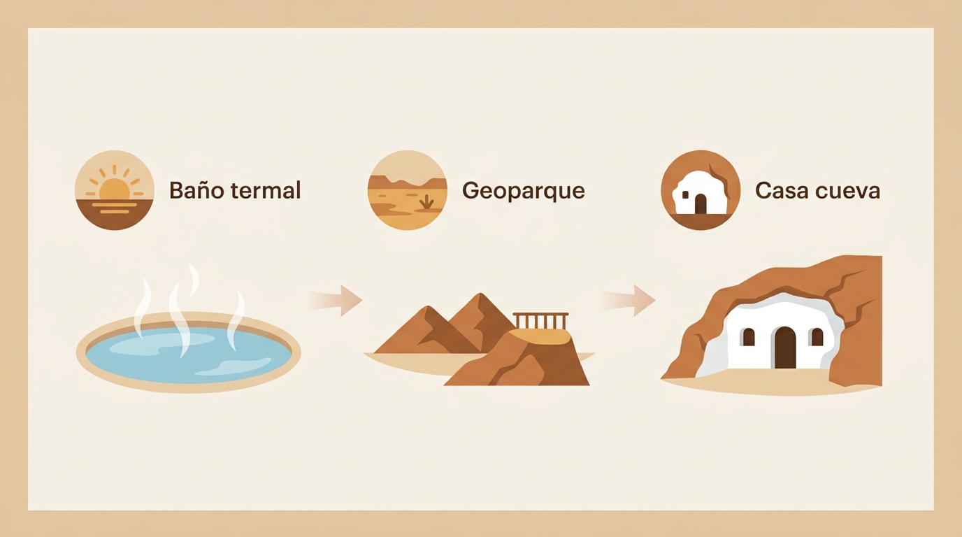 Infografía con recorrido ideal combinando baños termales de Zújar, Geoparque y alojamiento en casa cueva