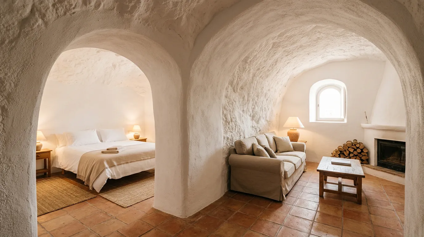 Interior de una casa cueva rural con paredes encaladas, dormitorio y salón con chimenea que transmiten sensación de confort.