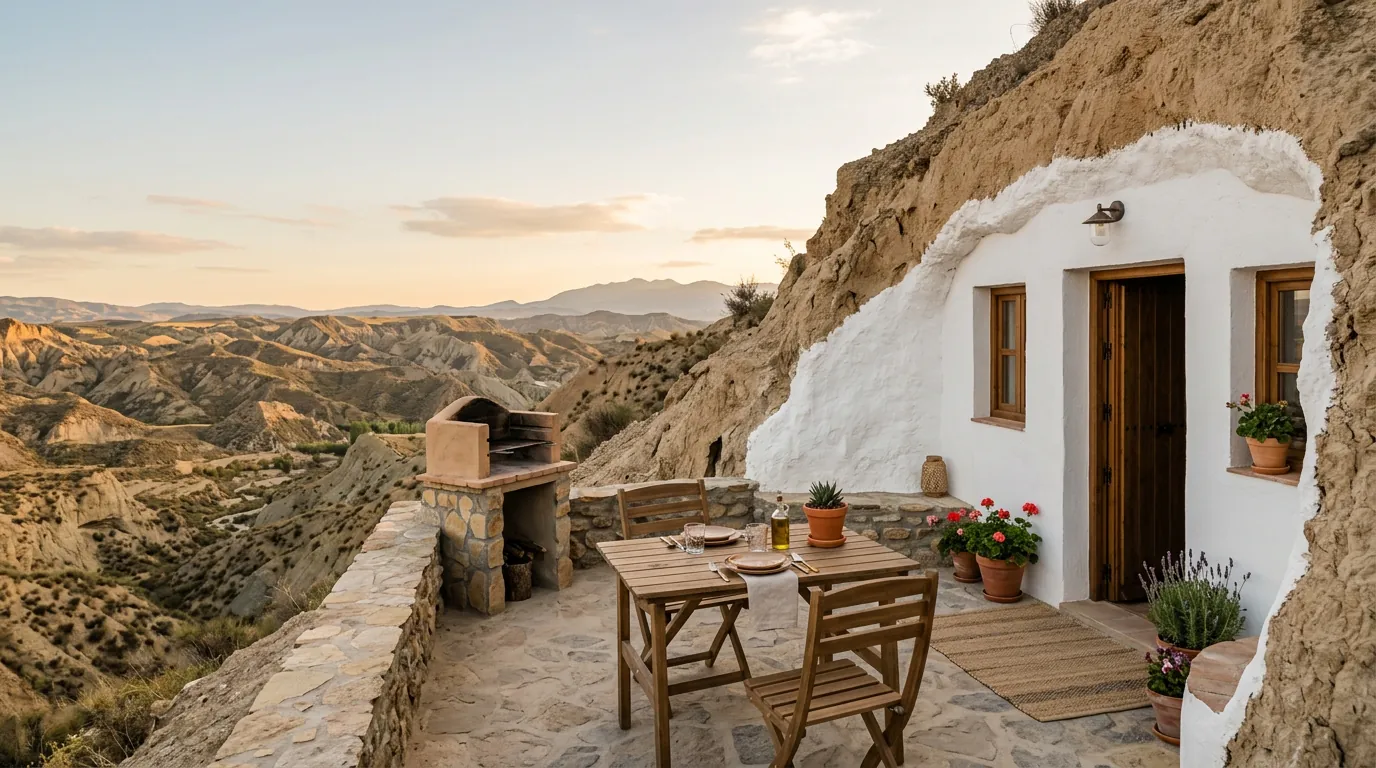 Terraza exterior de una casa cueva rural con vistas al altiplano de Granada