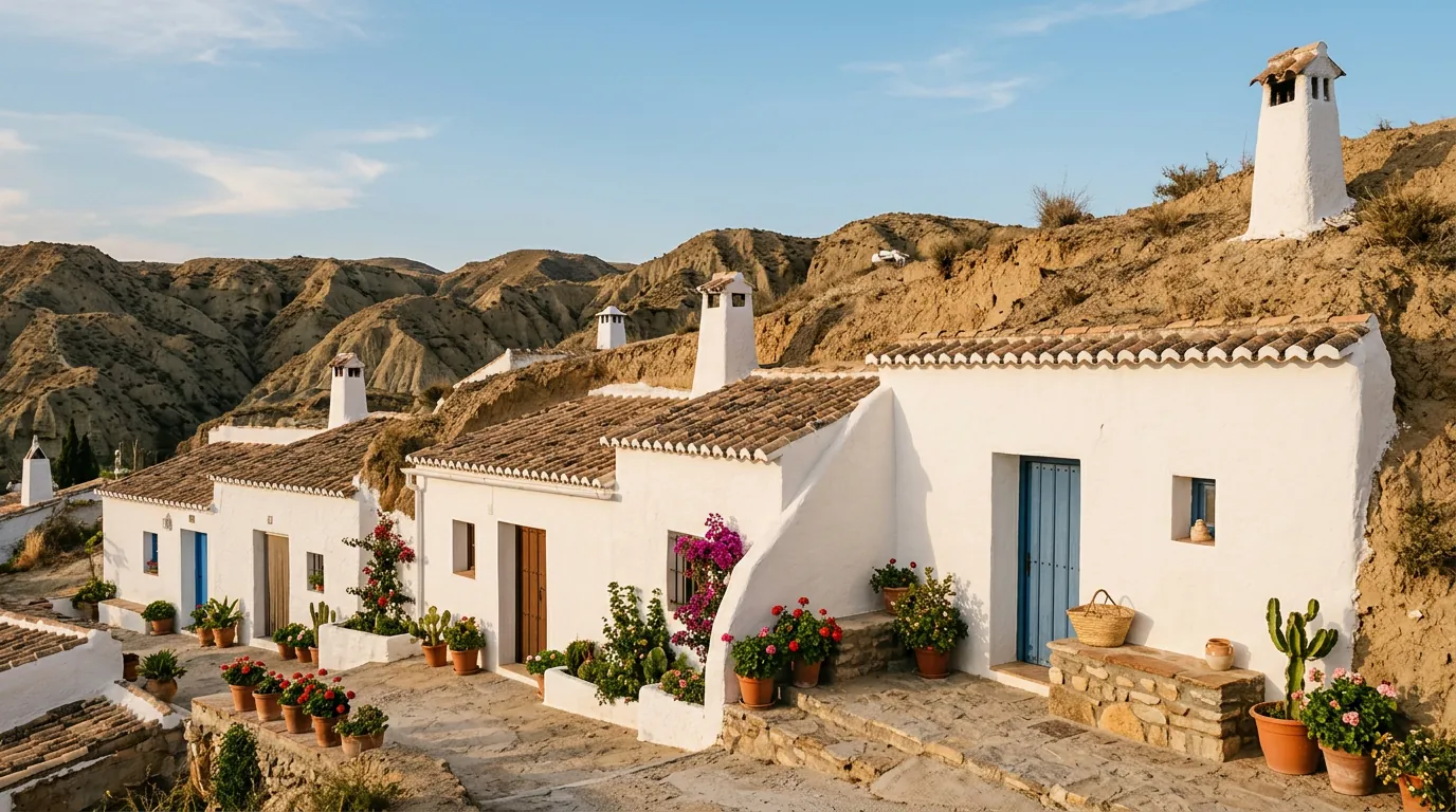 Barrio de casas cueva encaladas con chimeneas blancas saliendo de la ladera arcillosa en Galera.