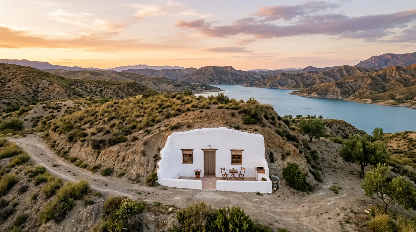 Casa cueva rural con terraza al atardecer en el entorno del Geoparque de Granada