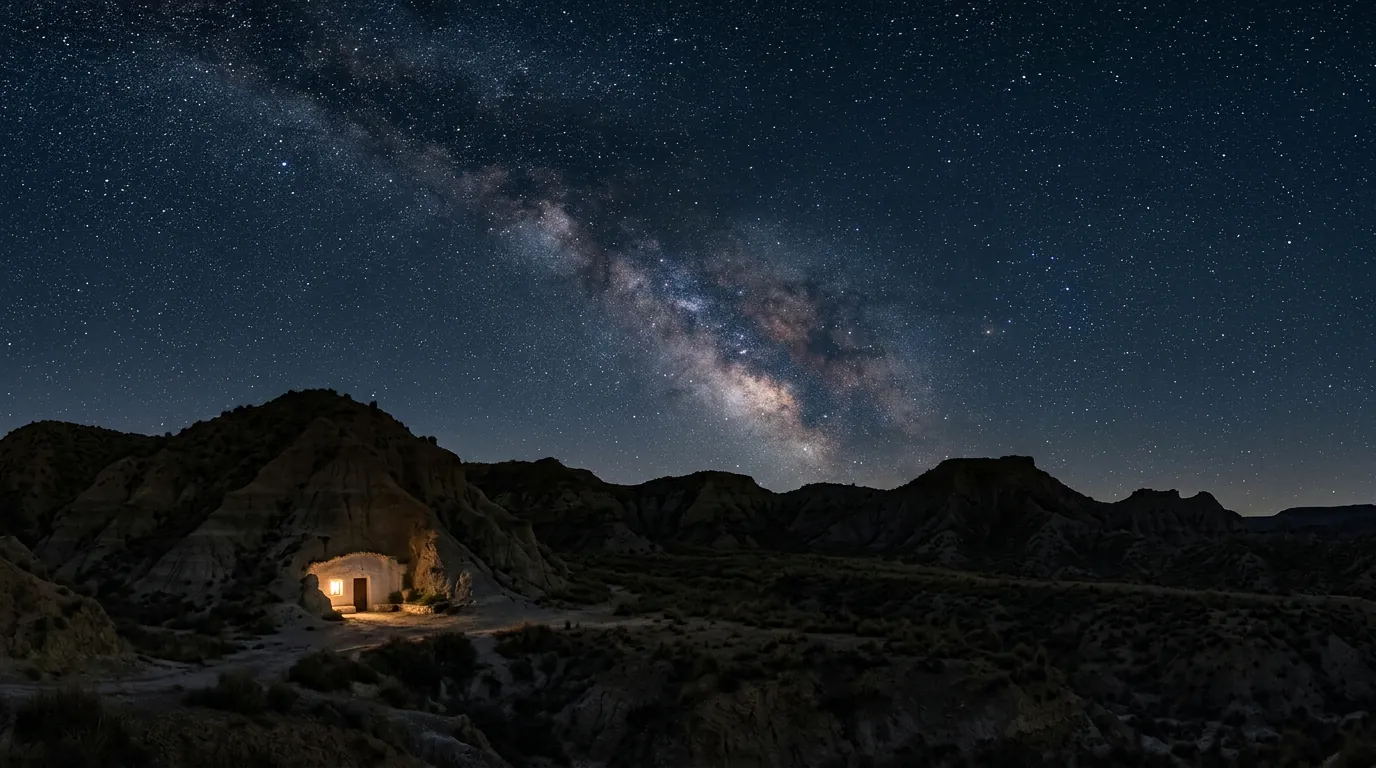 Cielo estrellado sobre las badlands del Geoparque de Granada con la silueta de una casa cueva en la ladera.