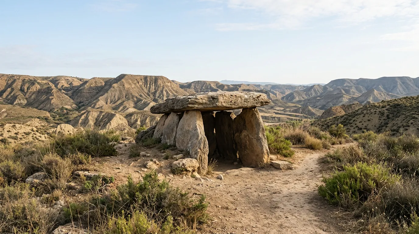 Dolmen restaurado en el Parque Megalítico de Gorafe rodeado de paisaje árido y colinas suaves.