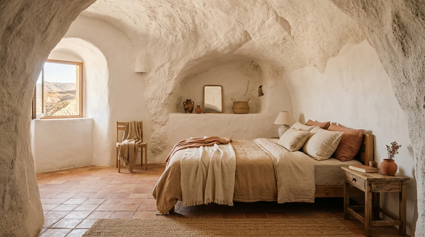 Interior acogedor de una casa cueva bioclimática con muros blancos curvos y luz natural suave.