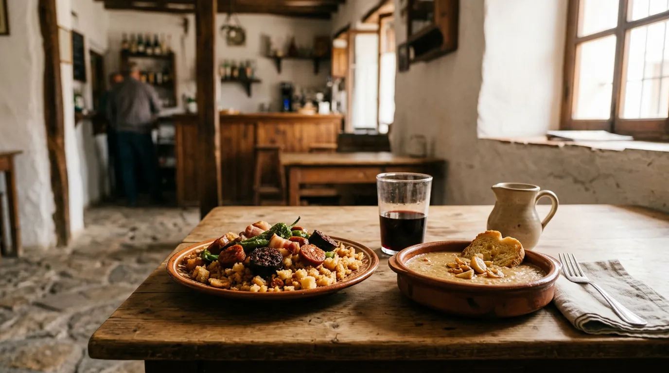 Mesa rústica con migas, gachas y un vaso de vino tinto en una taberna tradicional del Altiplano granadino.