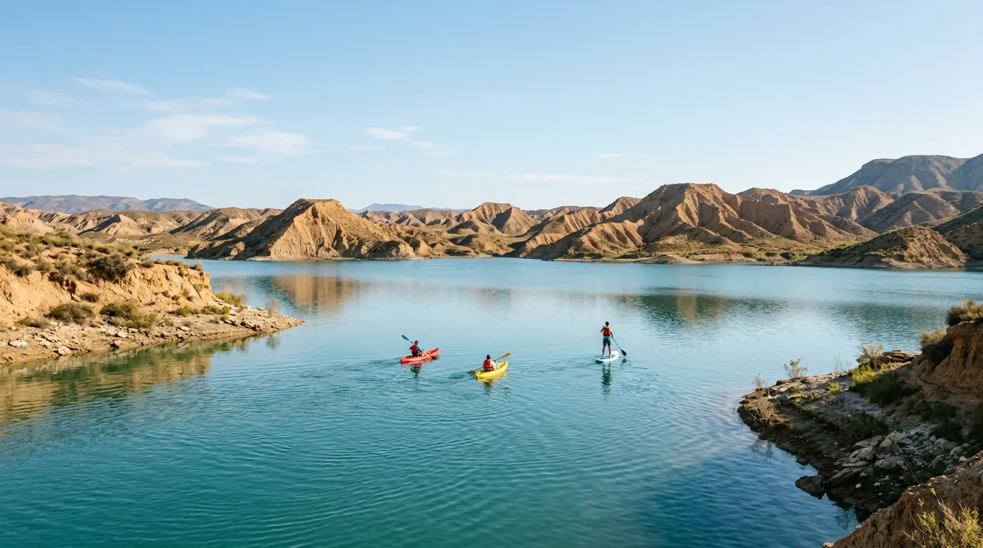 Personas practicando kayak y paddle surf en el Embalse del Negratín rodeado de paisajes arcillosos