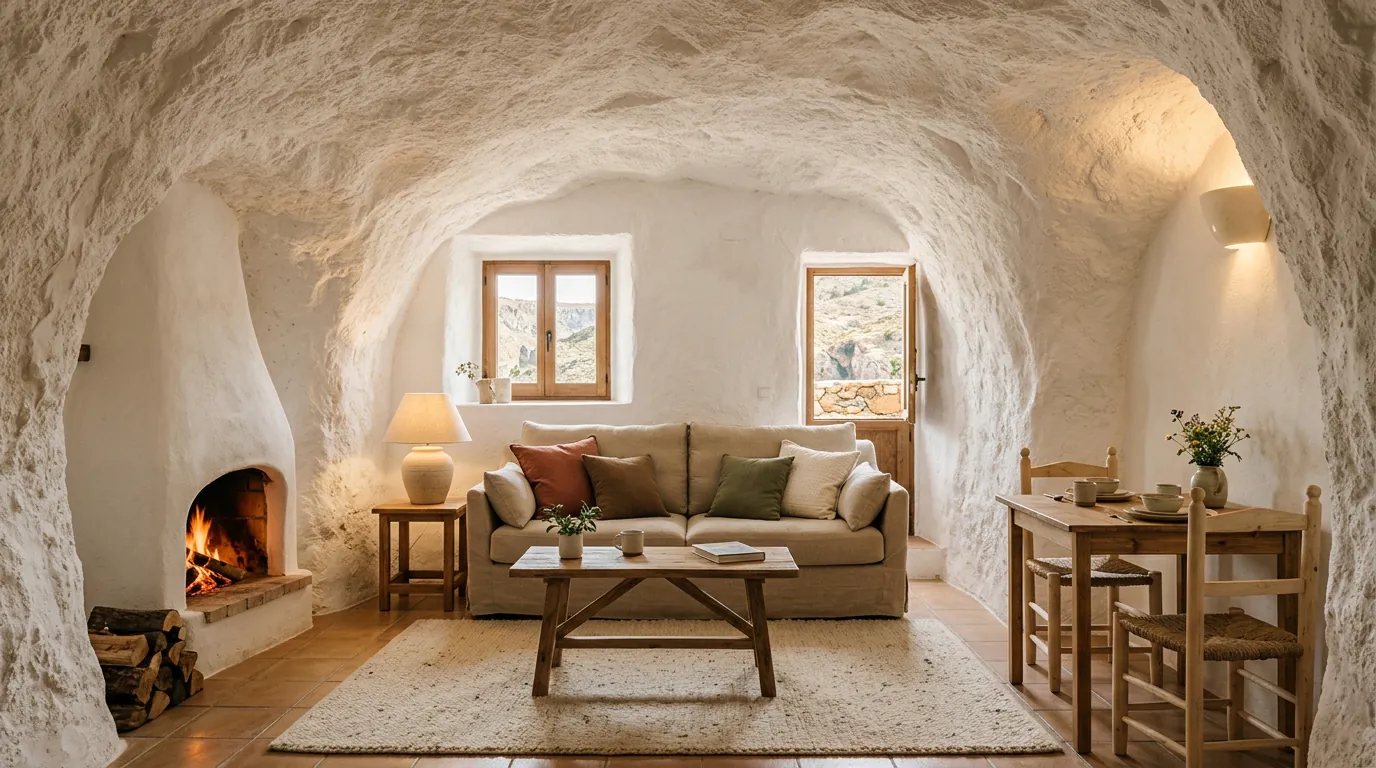 Salón acogedor de una casa cueva rural en Castilléjar con chimenea y paredes de roca blanca