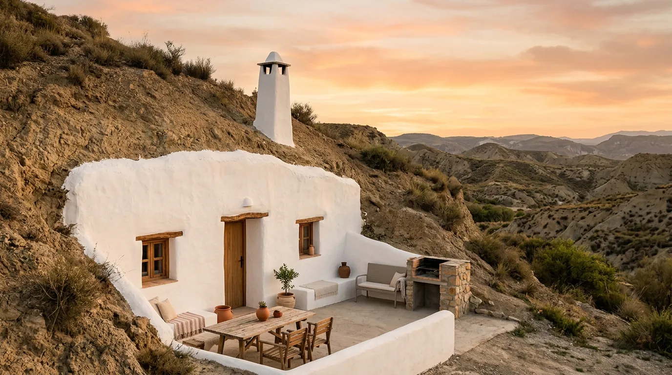 Casa cueva tradicional en Castilléjar integrada en la ladera con terraza al atardecer