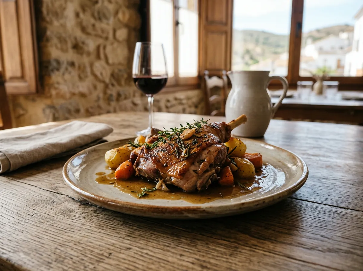 Primer plano de un plato tradicional de cordero segureño servido en una mesa rústica.