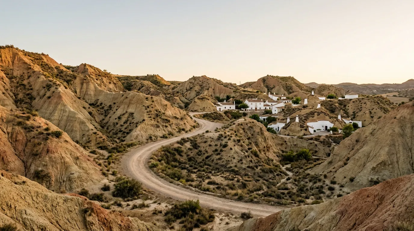 Sendero entre badlands y cárcavas cerca de Castilléjar con casas cueva al fondo