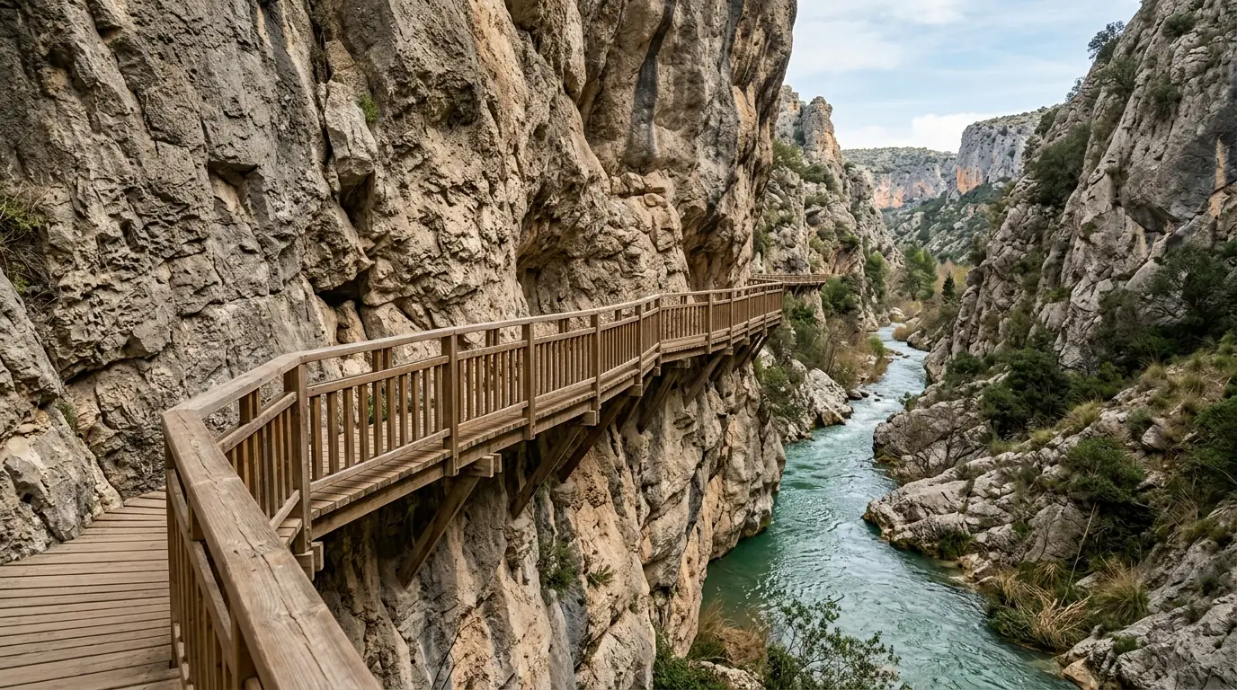Vista panorámica de las pasarelas de madera sobre el río Castril integradas en la roca caliza