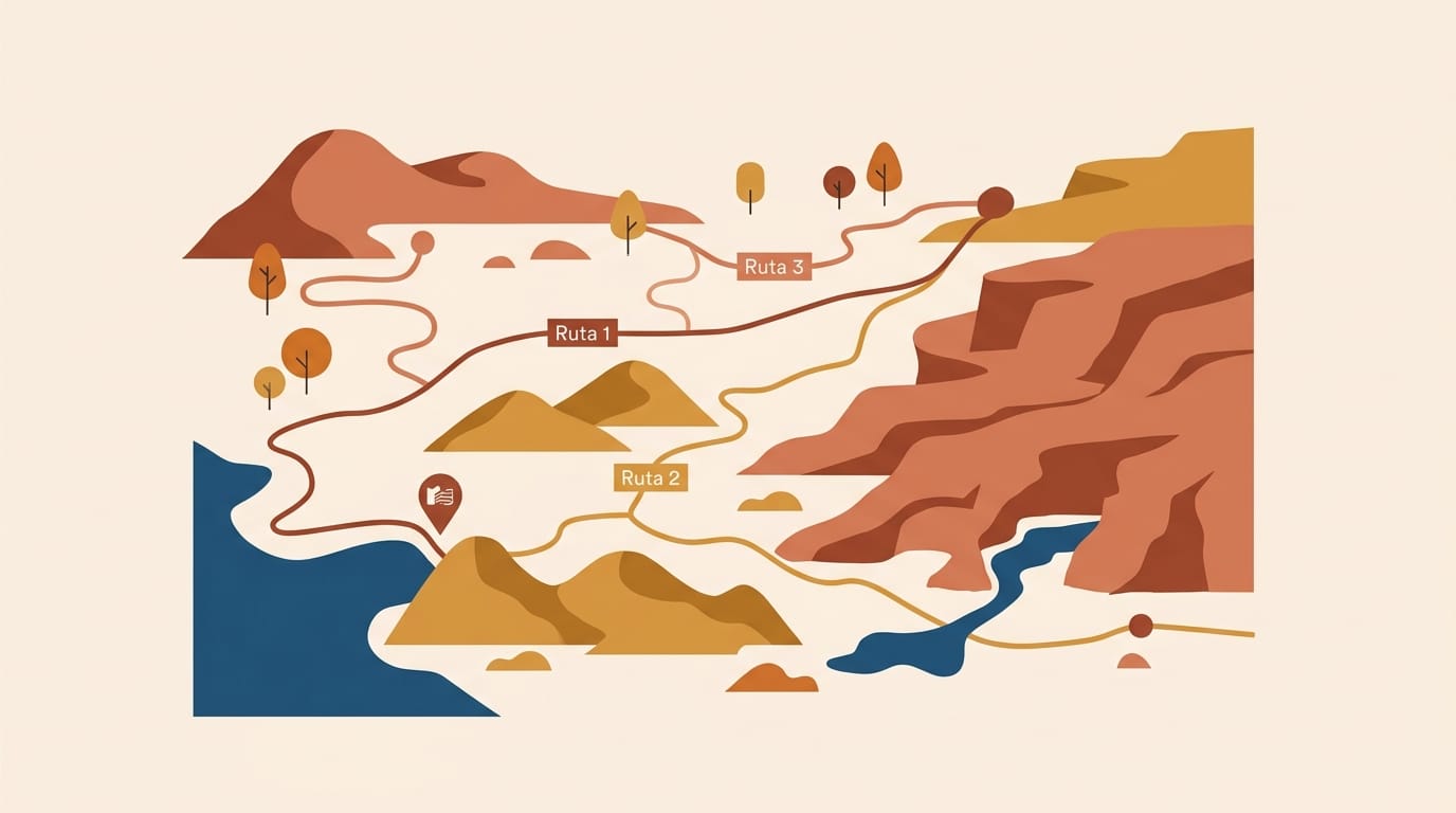 Mapa esquemático con las tres rutas recomendadas en el Geoparque de Granada cerca de Castilléjar