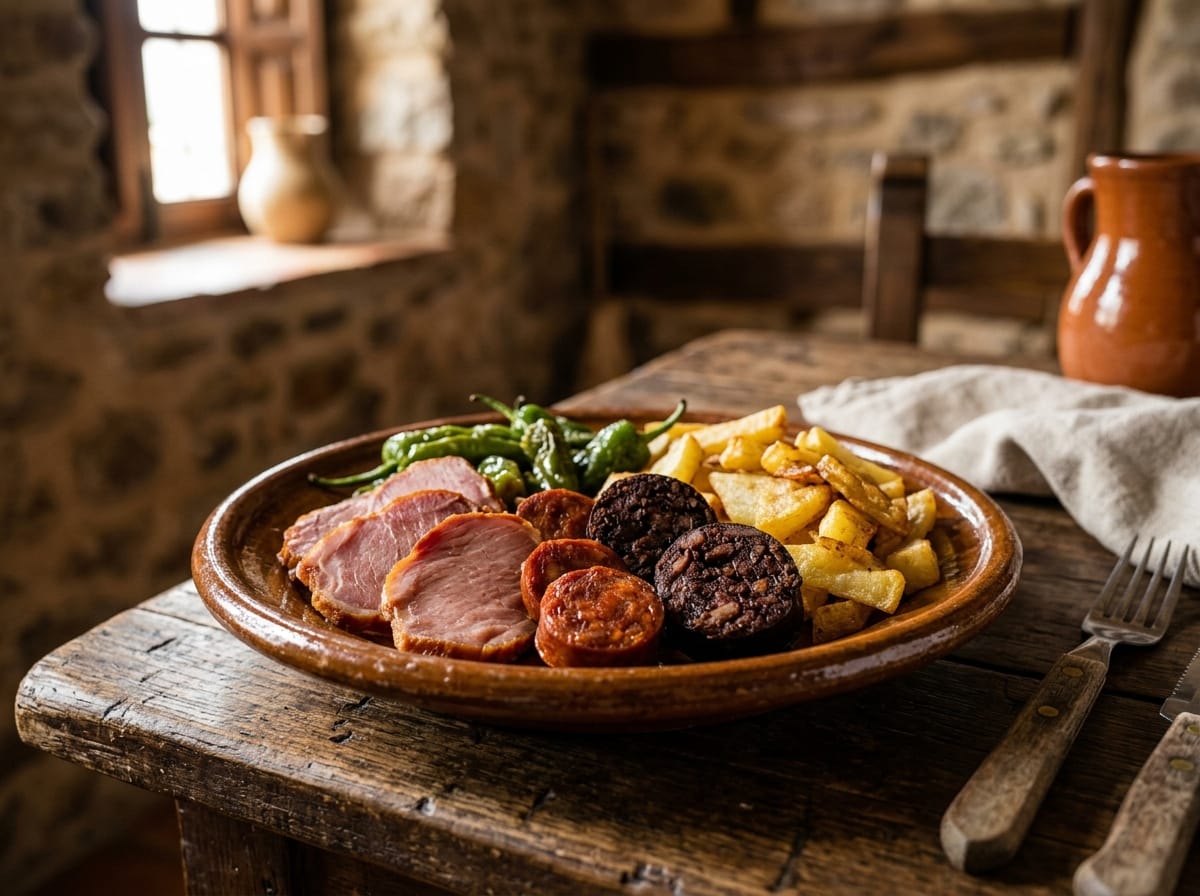 Plato alpujarreño tradicional servido en una mesa rústica de madera