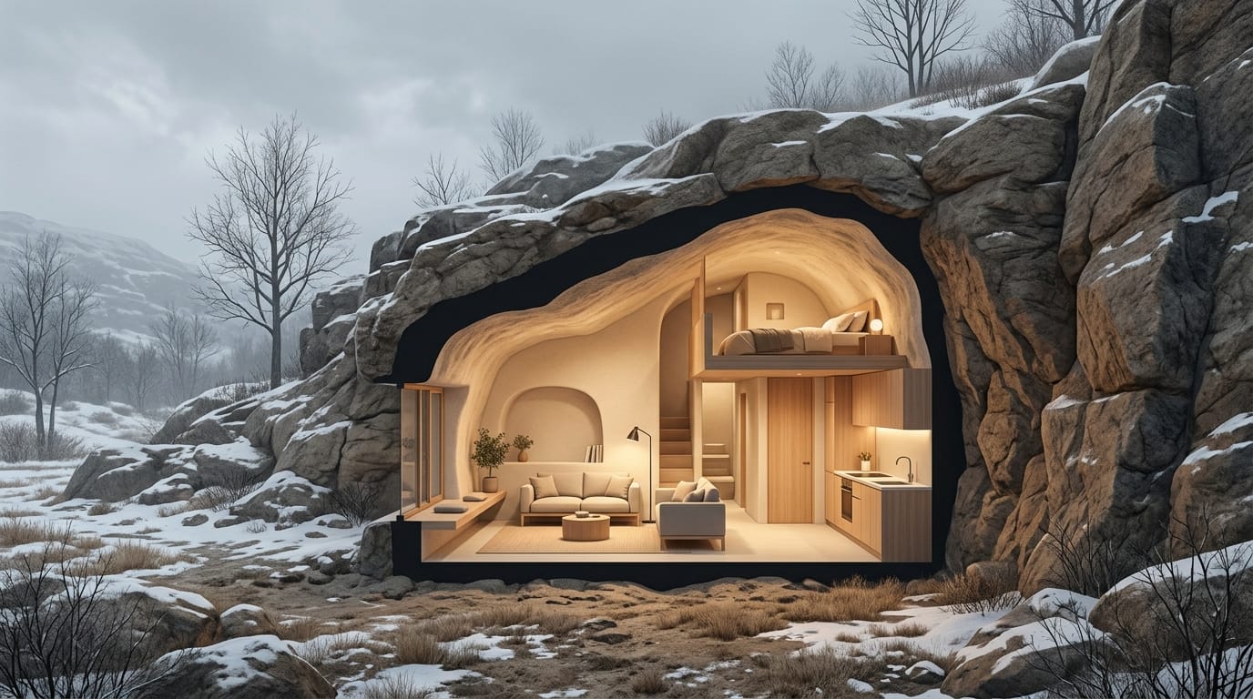 Ilustración conceptual de la estabilidad térmica en casas cueva durante el invierno.